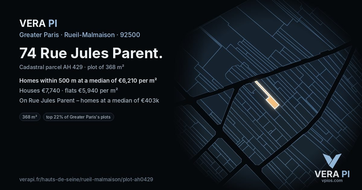 74 Rue Jules Parent, Rueil-Malmaison at night – the plot lit, the parcels around coloured by the prices near them