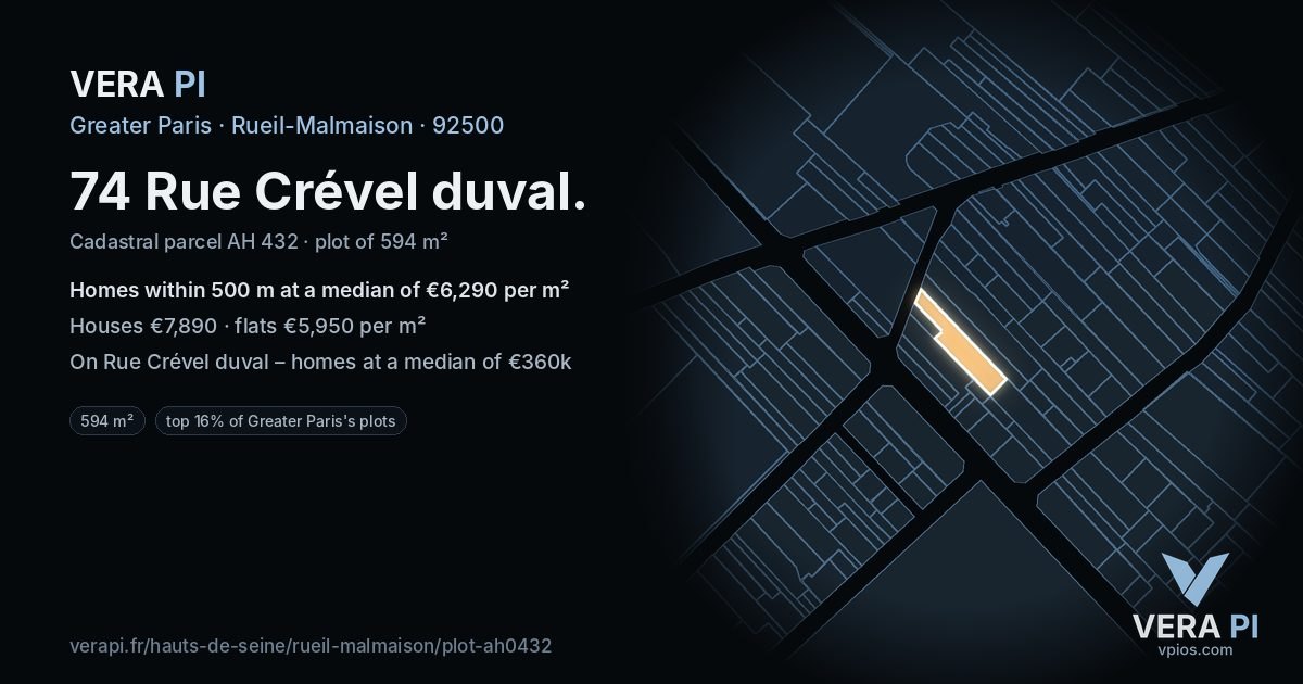 74 Rue Crével duval, Rueil-Malmaison at night – the plot lit, the parcels around coloured by the prices near them