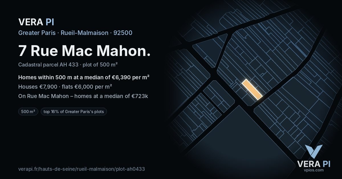 7 Rue Mac Mahon, Rueil-Malmaison at night – the plot lit, the parcels around coloured by the prices near them