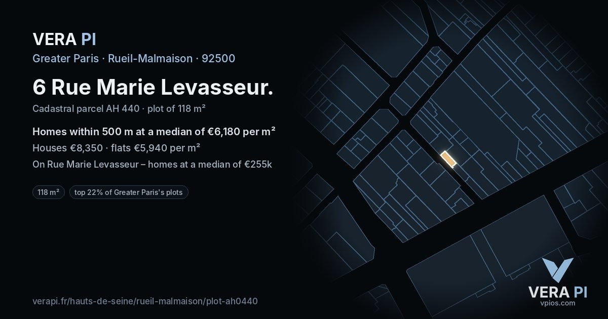 6 Rue Marie Levasseur, Rueil-Malmaison at night – the plot lit, the parcels around coloured by the prices near them