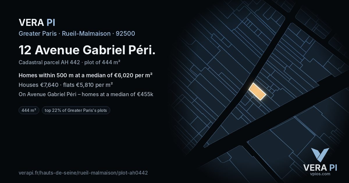 12 Avenue Gabriel Péri, Rueil-Malmaison at night – the plot lit, the parcels around coloured by the prices near them