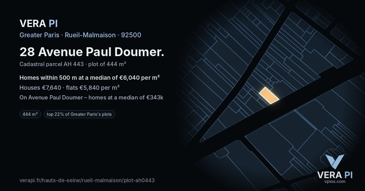 28 Avenue Paul Doumer, Rueil-Malmaison at night – the plot lit, the parcels around coloured by the prices near them