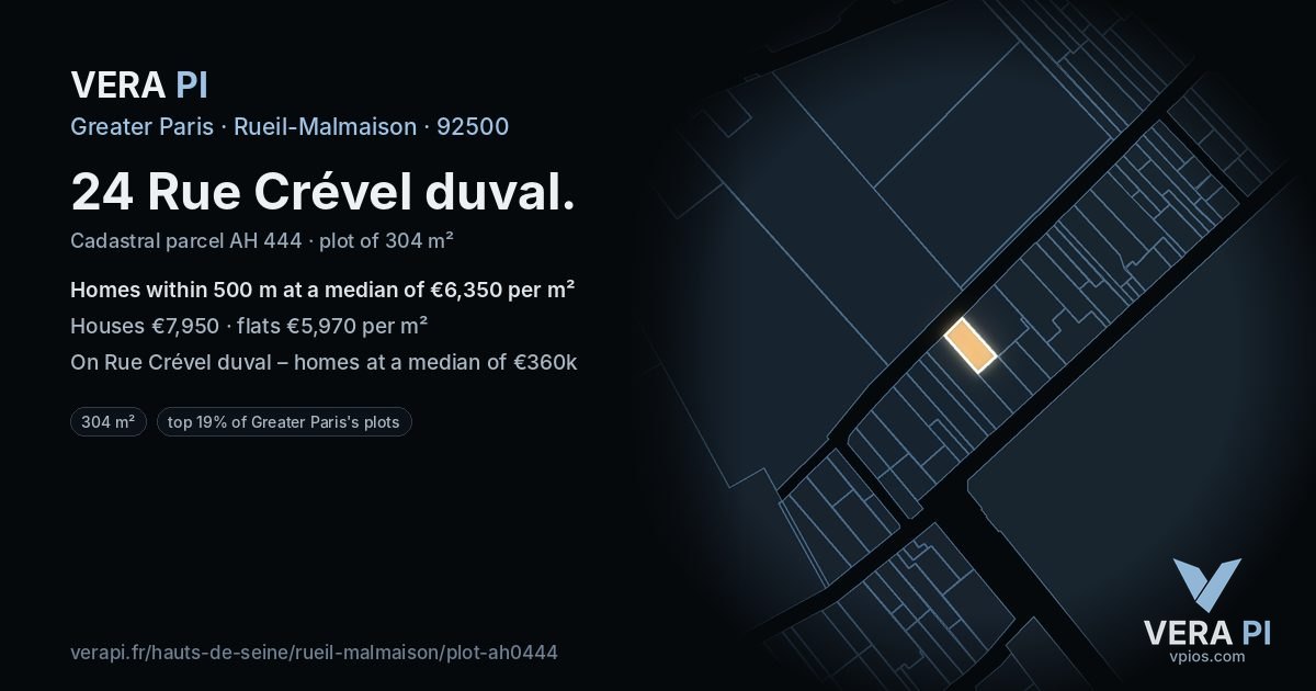 24 Rue Crével duval, Rueil-Malmaison at night – the plot lit, the parcels around coloured by the prices near them