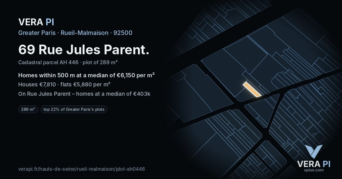 69 Rue Jules Parent, Rueil-Malmaison at night – the plot lit, the parcels around coloured by the prices near them