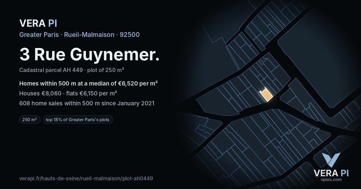3 Rue Guynemer, Rueil-Malmaison at night – the plot lit, the parcels around coloured by the prices near them