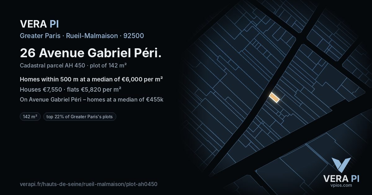 26 Avenue Gabriel Péri, Rueil-Malmaison at night – the plot lit, the parcels around coloured by the prices near them