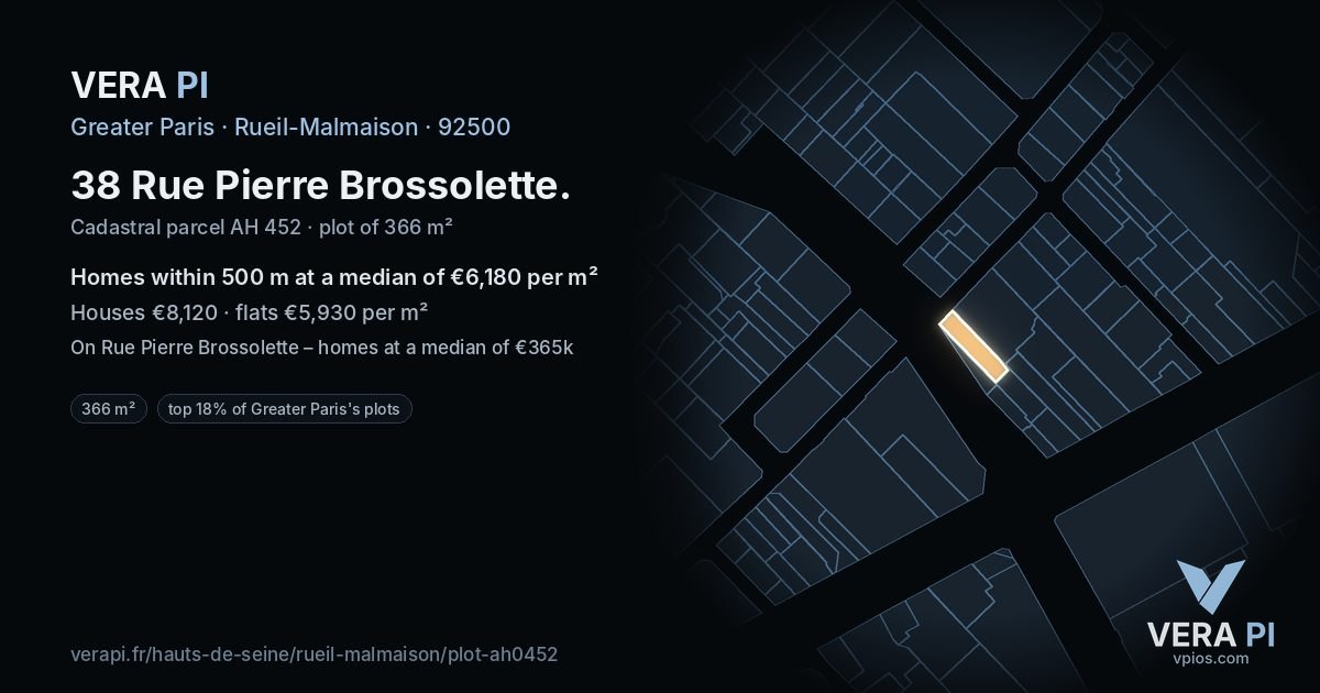 38 Rue Pierre Brossolette, Rueil-Malmaison at night – the plot lit, the parcels around coloured by the prices near them