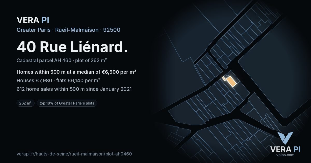 40 Rue Liénard, Rueil-Malmaison at night – the plot lit, the parcels around coloured by the prices near them