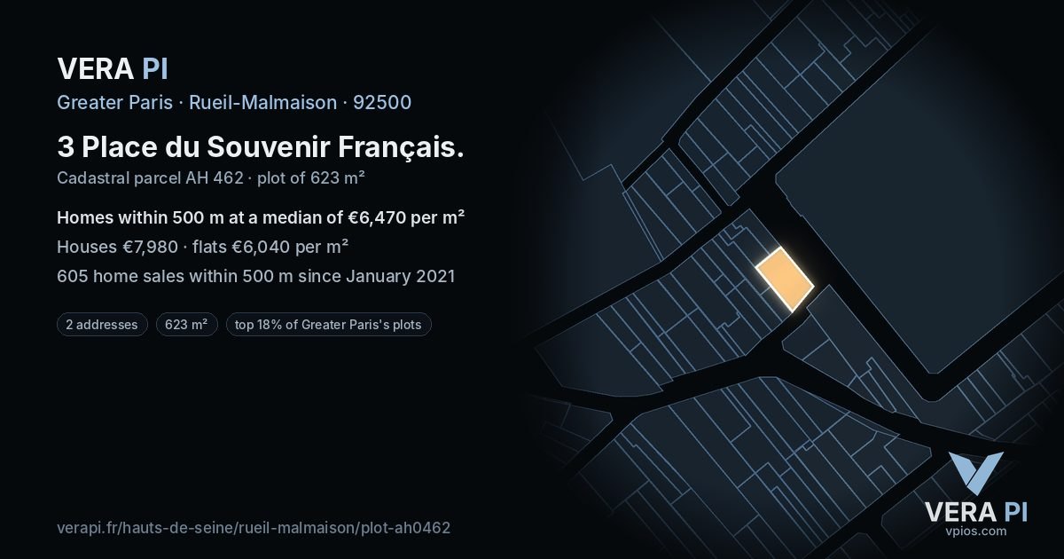 3 Place du Souvenir Français, Rueil-Malmaison at night – the plot lit, the parcels around coloured by the prices near them