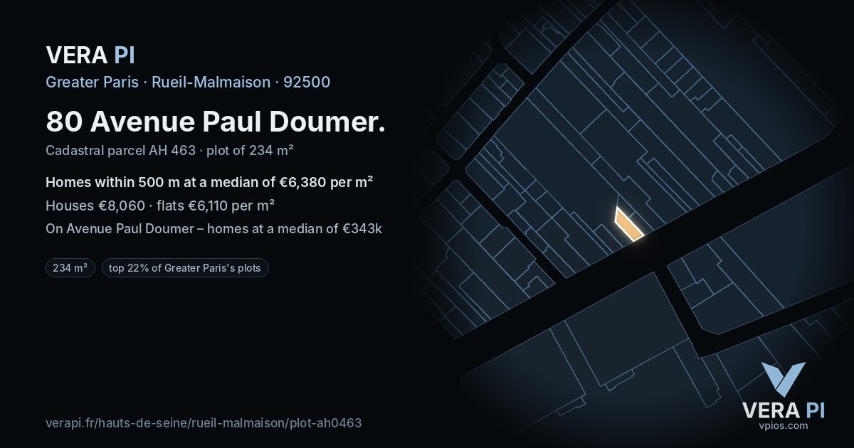 80 Avenue Paul Doumer, Rueil-Malmaison at night – the plot lit, the parcels around coloured by the prices near them