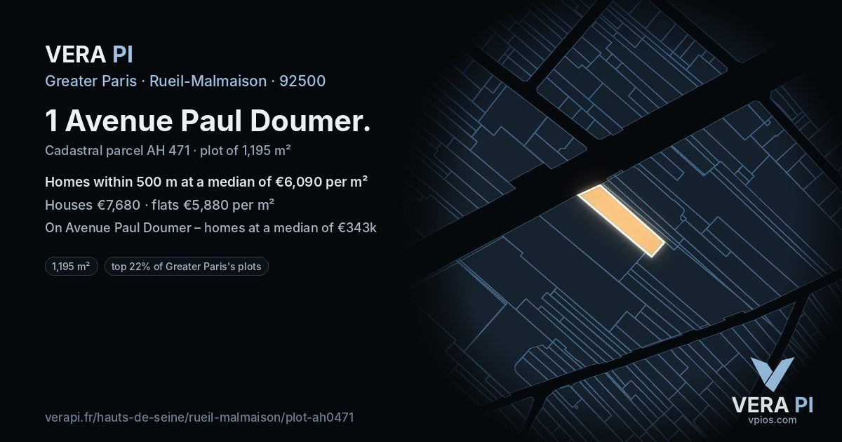 1 Avenue Paul Doumer, Rueil-Malmaison at night – the plot lit, the parcels around coloured by the prices near them