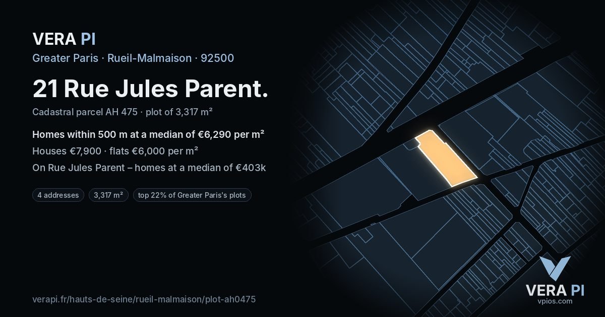 21 Rue Jules Parent, Rueil-Malmaison at night – the plot lit, the parcels around coloured by the prices near them