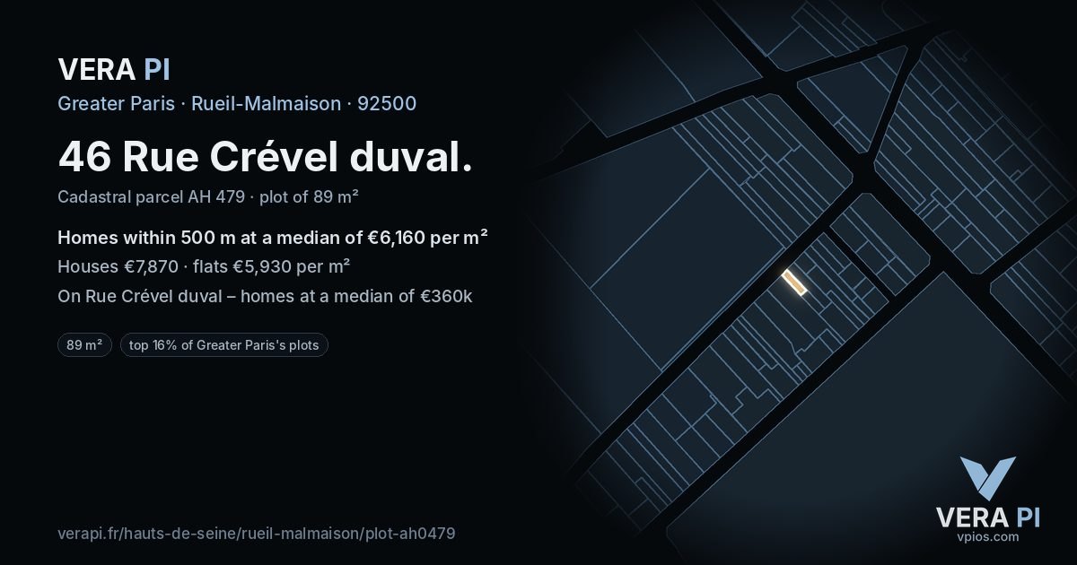 46 Rue Crével duval, Rueil-Malmaison at night – the plot lit, the parcels around coloured by the prices near them