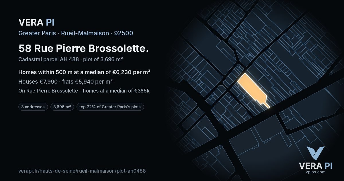 58 Rue Pierre Brossolette, Rueil-Malmaison at night – the plot lit, the parcels around coloured by the prices near them