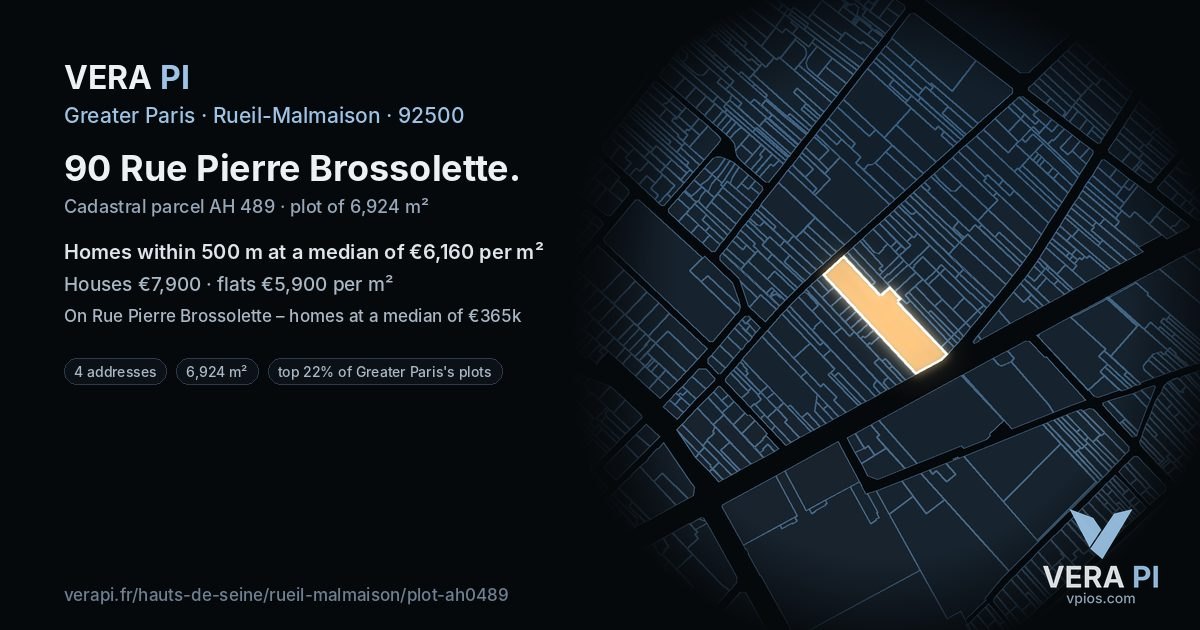 90 Rue Pierre Brossolette, Rueil-Malmaison at night – the plot lit, the parcels around coloured by the prices near them