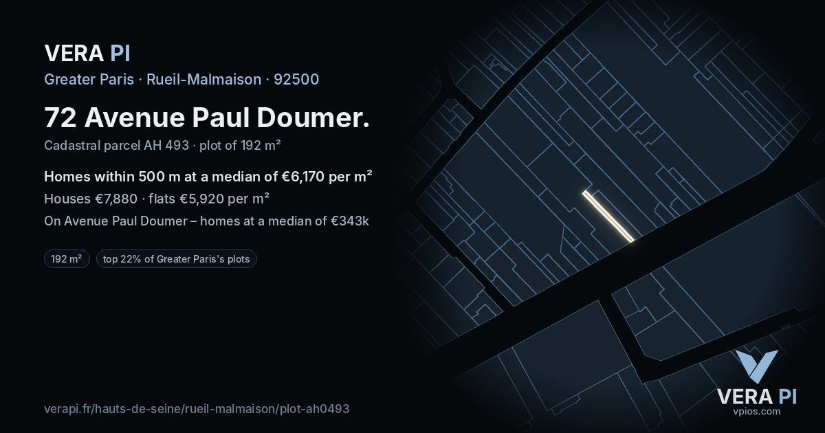 72 Avenue Paul Doumer, Rueil-Malmaison at night – the plot lit, the parcels around coloured by the prices near them