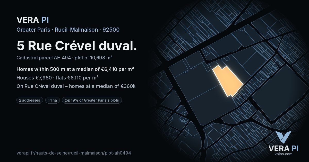 5 Rue Crével duval, Rueil-Malmaison at night – the plot lit, the parcels around coloured by the prices near them
