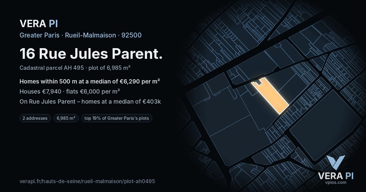 16 Rue Jules Parent, Rueil-Malmaison at night – the plot lit, the parcels around coloured by the prices near them