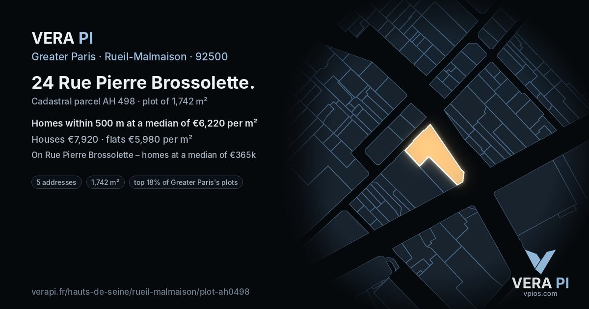 24 Rue Pierre Brossolette, Rueil-Malmaison at night – the plot lit, the parcels around coloured by the prices near them