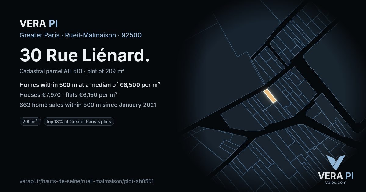 30 Rue Liénard, Rueil-Malmaison at night – the plot lit, the parcels around coloured by the prices near them