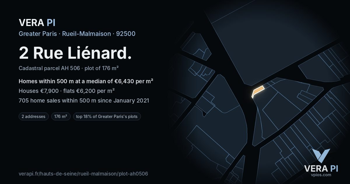 2 Rue Liénard, Rueil-Malmaison at night – the plot lit, the parcels around coloured by the prices near them