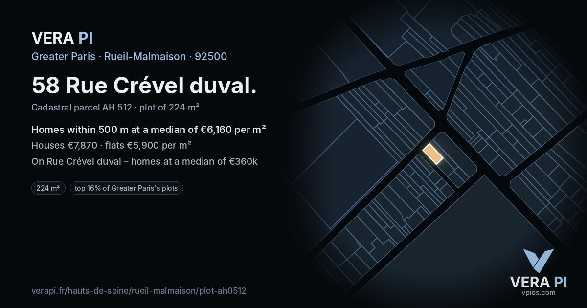 58 Rue Crével duval, Rueil-Malmaison at night – the plot lit, the parcels around coloured by the prices near them