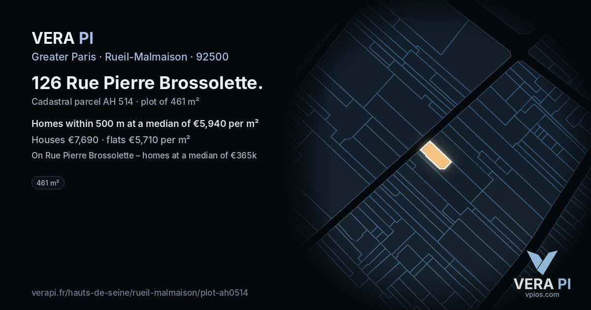 126 Rue Pierre Brossolette, Rueil-Malmaison at night – the plot lit, the parcels around coloured by the prices near them