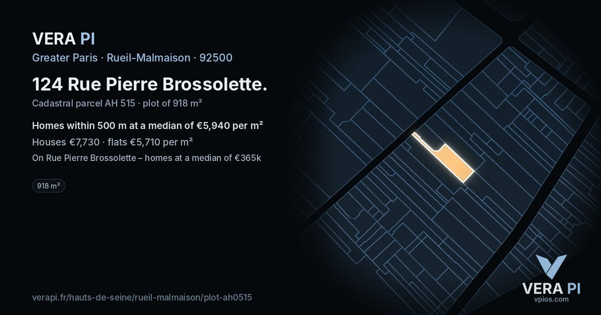 124 Rue Pierre Brossolette, Rueil-Malmaison at night – the plot lit, the parcels around coloured by the prices near them