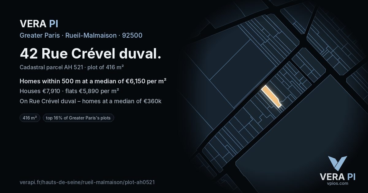 42 Rue Crével duval, Rueil-Malmaison at night – the plot lit, the parcels around coloured by the prices near them
