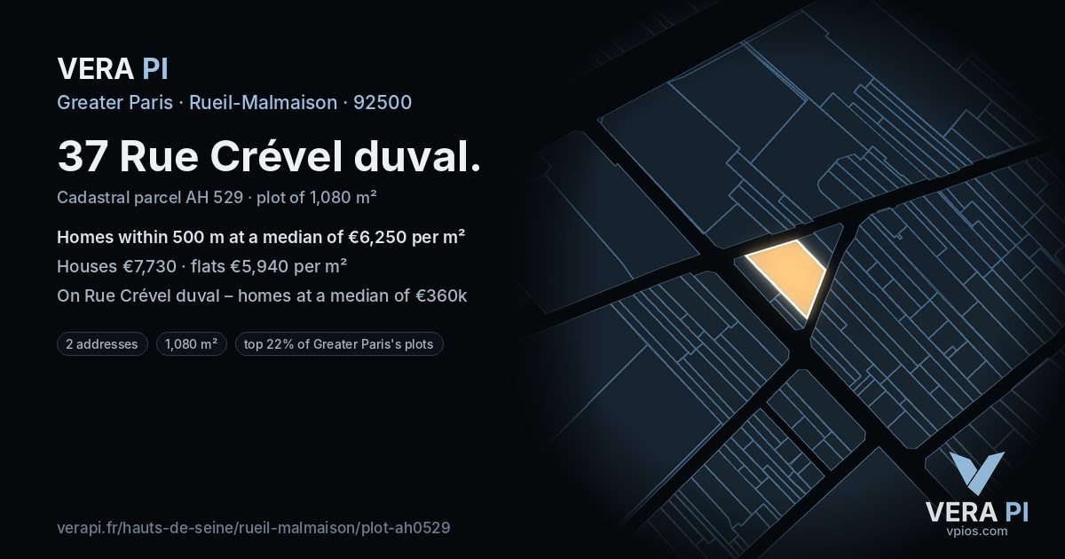 37 Rue Crével duval, Rueil-Malmaison at night – the plot lit, the parcels around coloured by the prices near them
