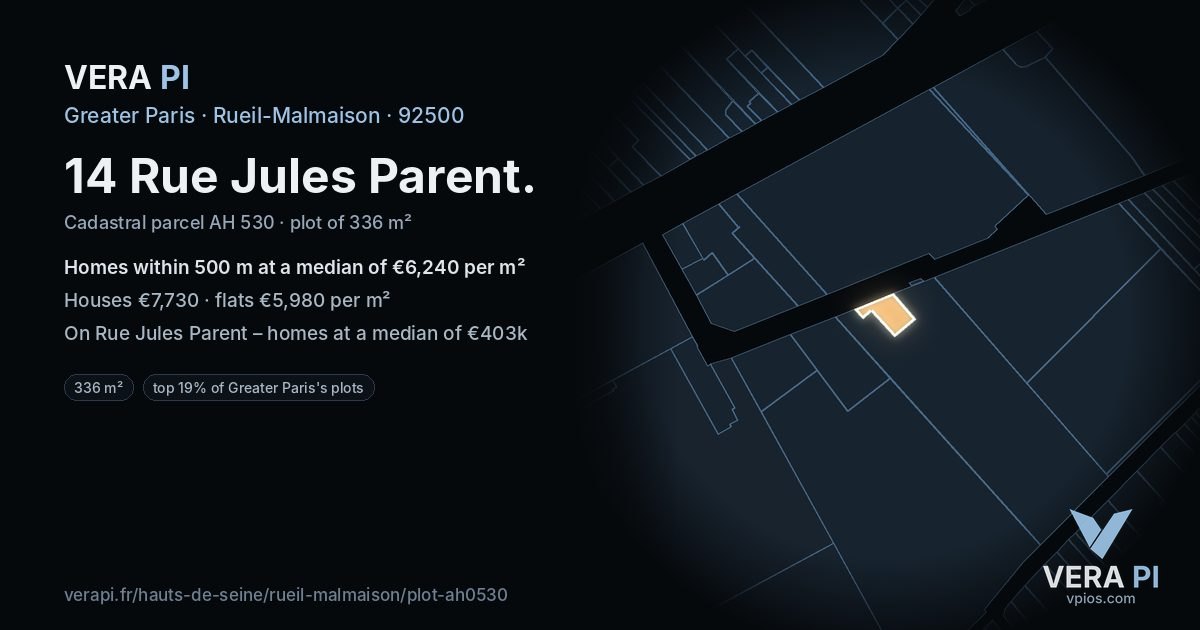 14 Rue Jules Parent, Rueil-Malmaison at night – the plot lit, the parcels around coloured by the prices near them