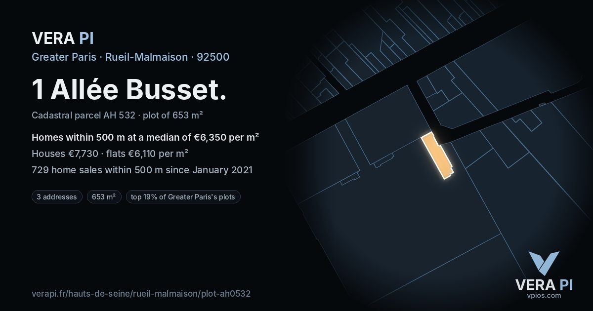 1 Allée Busset, Rueil-Malmaison at night – the plot lit, the parcels around coloured by the prices near them