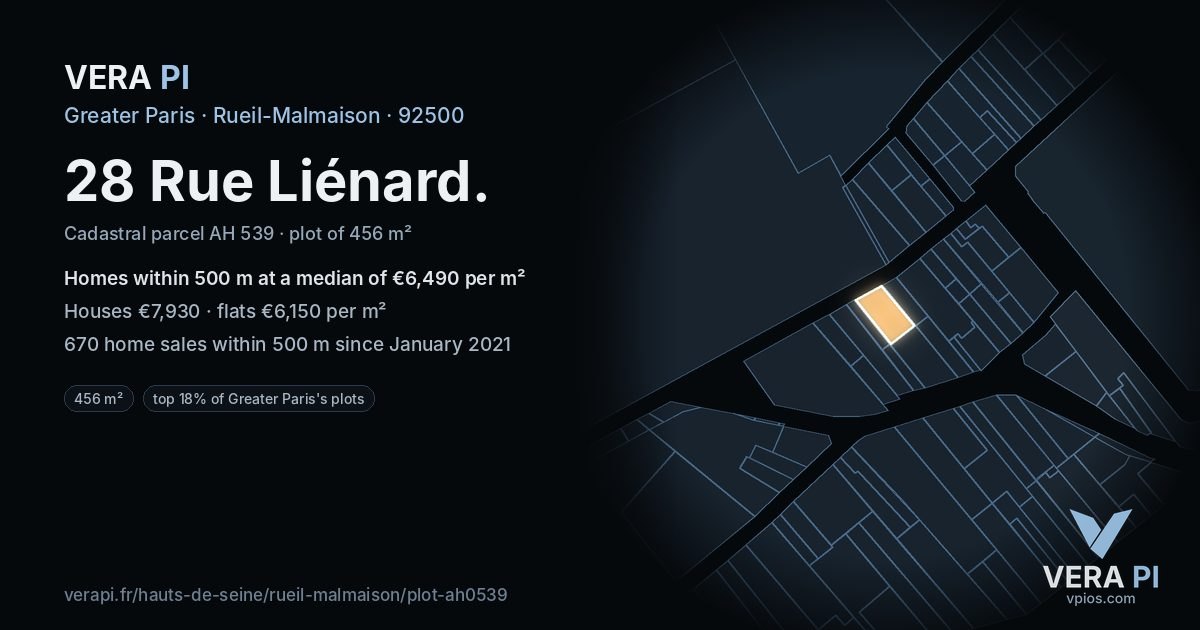 28 Rue Liénard, Rueil-Malmaison at night – the plot lit, the parcels around coloured by the prices near them