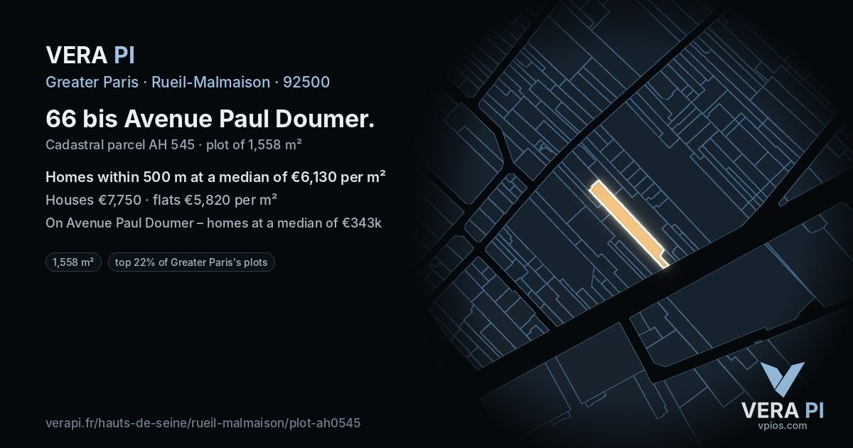 66 bis Avenue Paul Doumer, Rueil-Malmaison at night – the plot lit, the parcels around coloured by the prices near them
