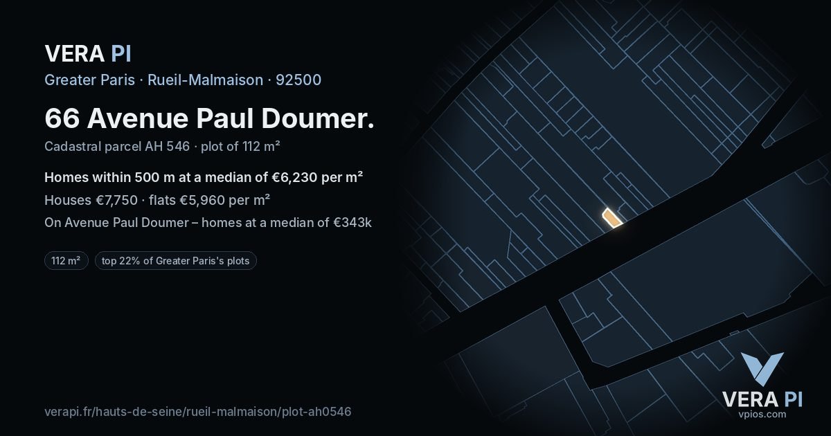 66 Avenue Paul Doumer, Rueil-Malmaison at night – the plot lit, the parcels around coloured by the prices near them