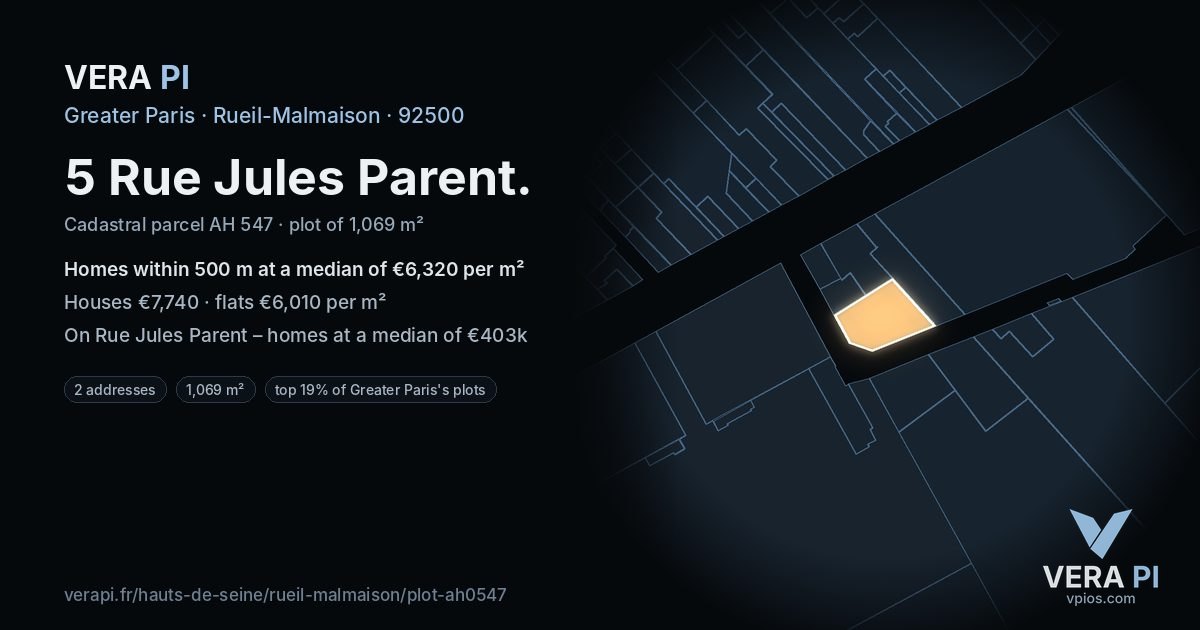 5 Rue Jules Parent, Rueil-Malmaison at night – the plot lit, the parcels around coloured by the prices near them
