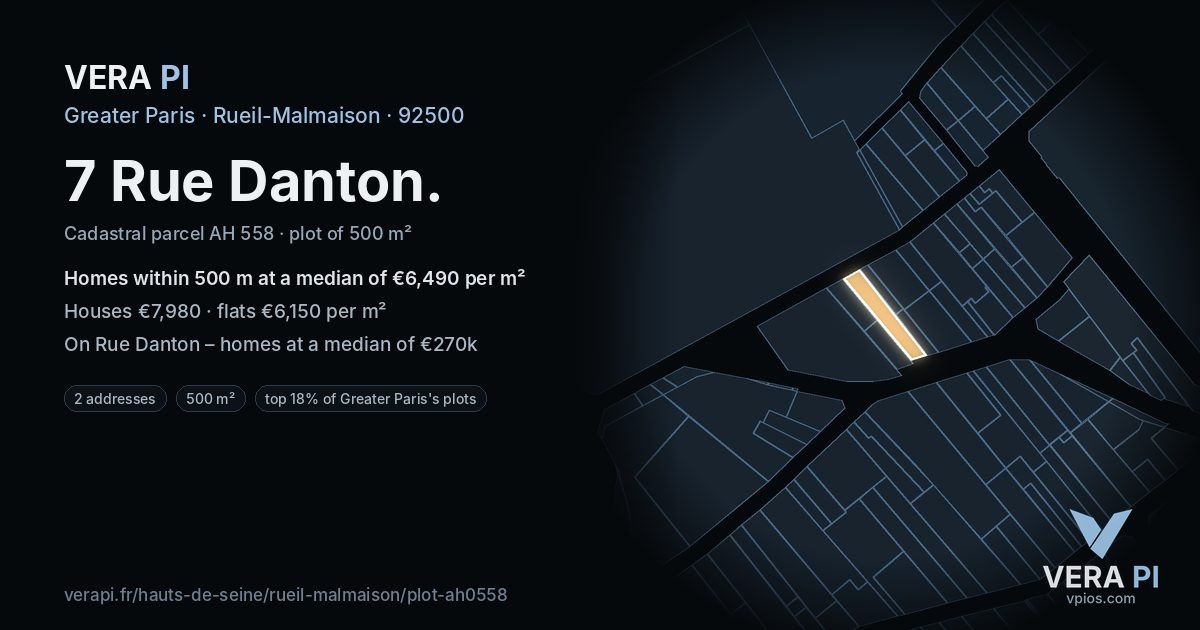 7 Rue Danton, Rueil-Malmaison at night – the plot lit, the parcels around coloured by the prices near them
