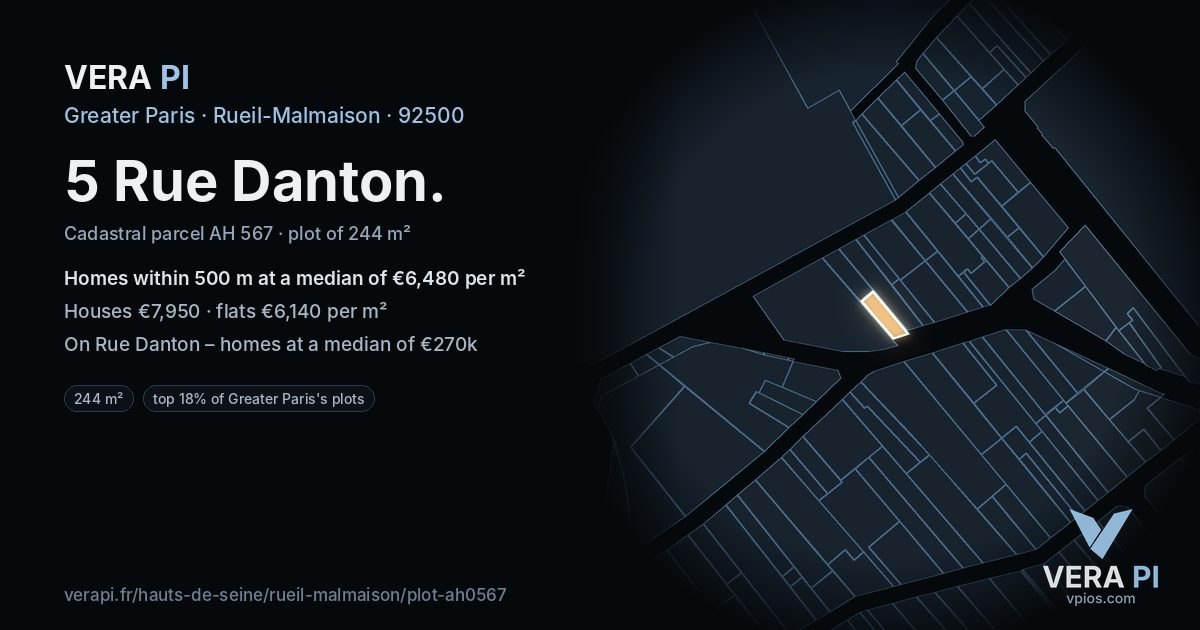 5 Rue Danton, Rueil-Malmaison at night – the plot lit, the parcels around coloured by the prices near them