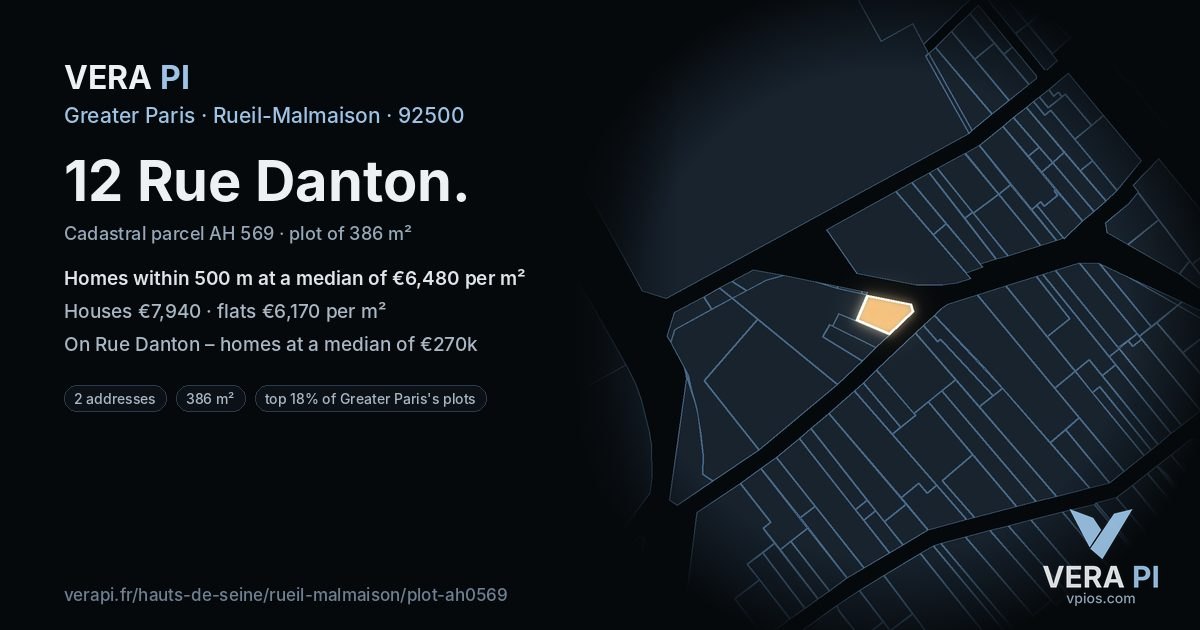 12 Rue Danton, Rueil-Malmaison at night – the plot lit, the parcels around coloured by the prices near them