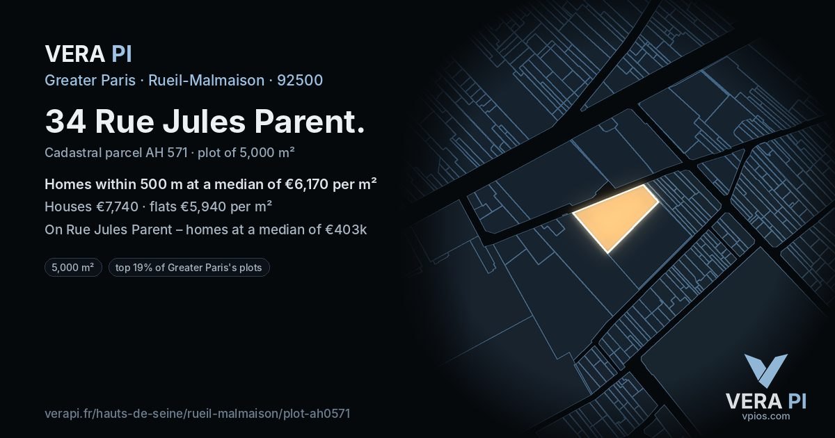 34 Rue Jules Parent, Rueil-Malmaison at night – the plot lit, the parcels around coloured by the prices near them