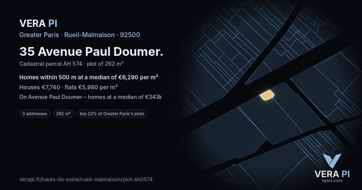 35 Avenue Paul Doumer, Rueil-Malmaison at night – the plot lit, the parcels around coloured by the prices near them
