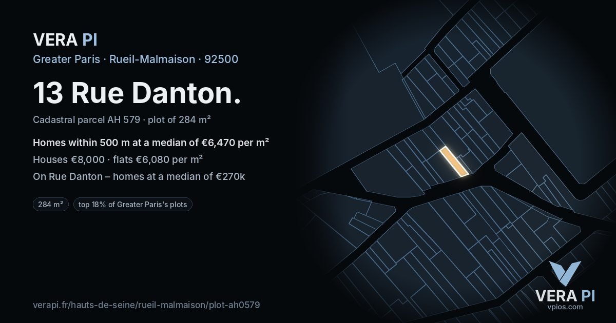 13 Rue Danton, Rueil-Malmaison at night – the plot lit, the parcels around coloured by the prices near them