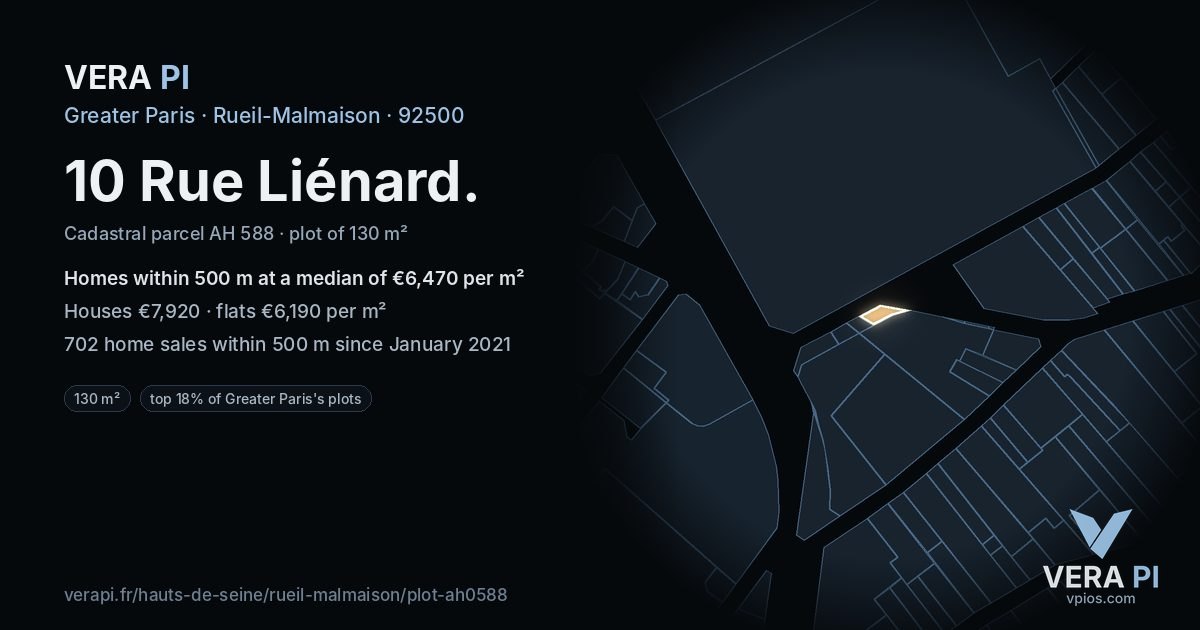 10 Rue Liénard, Rueil-Malmaison at night – the plot lit, the parcels around coloured by the prices near them