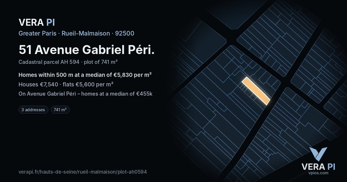51 Avenue Gabriel Péri, Rueil-Malmaison at night – the plot lit, the parcels around coloured by the prices near them