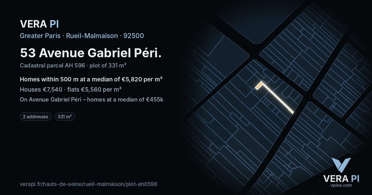 53 Avenue Gabriel Péri, Rueil-Malmaison at night – the plot lit, the parcels around coloured by the prices near them