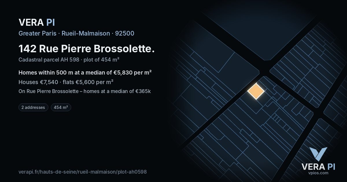 142 Rue Pierre Brossolette, Rueil-Malmaison at night – the plot lit, the parcels around coloured by the prices near them