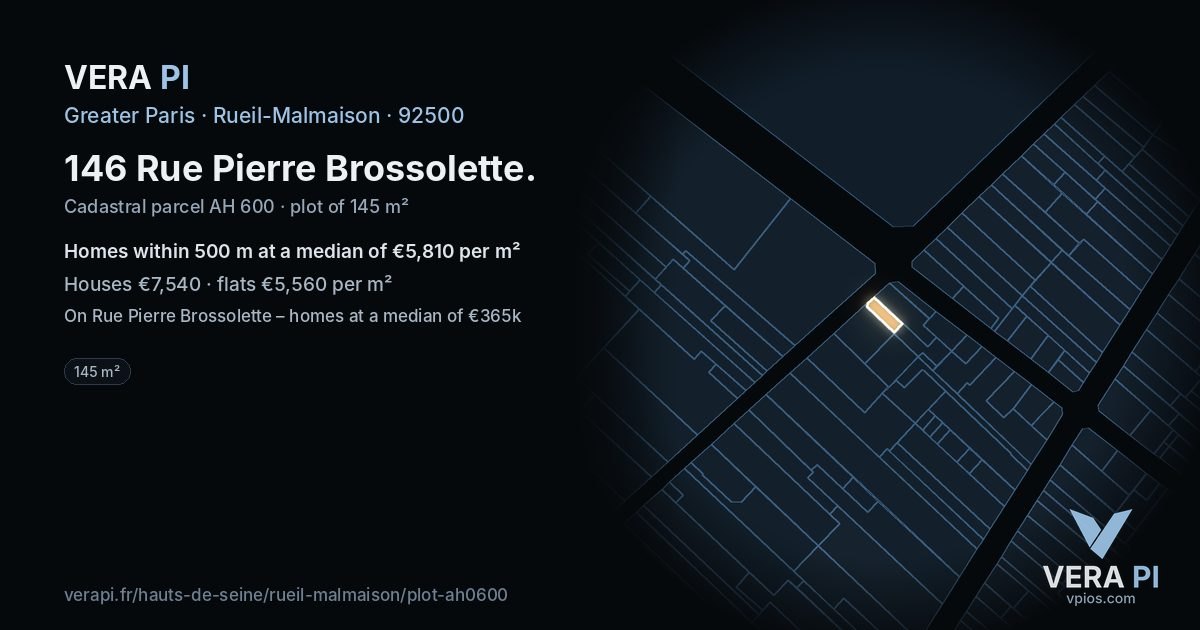 146 Rue Pierre Brossolette, Rueil-Malmaison at night – the plot lit, the parcels around coloured by the prices near them