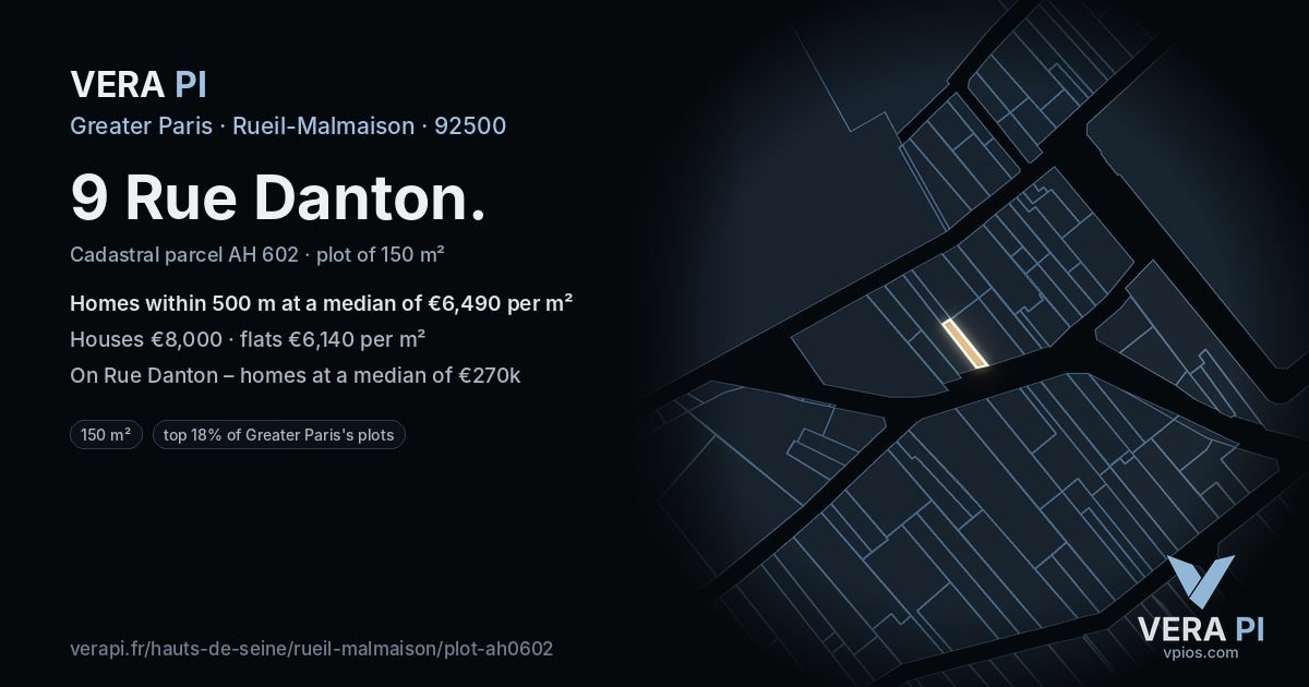 9 Rue Danton, Rueil-Malmaison at night – the plot lit, the parcels around coloured by the prices near them