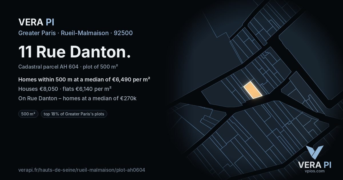 11 Rue Danton, Rueil-Malmaison at night – the plot lit, the parcels around coloured by the prices near them