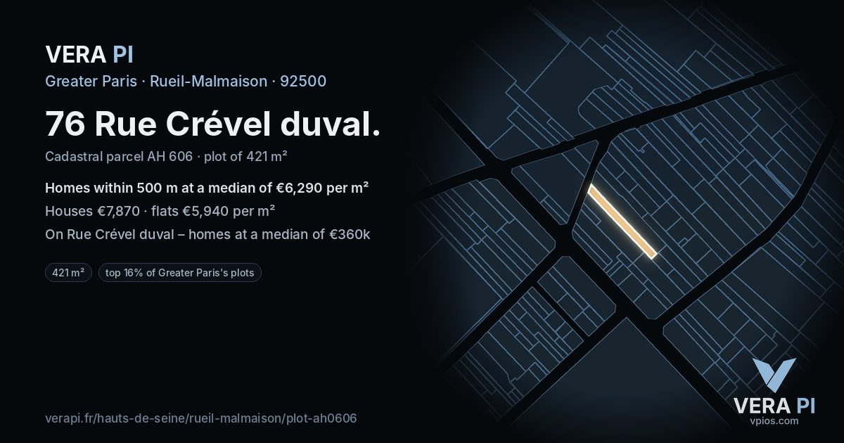 76 Rue Crével duval, Rueil-Malmaison at night – the plot lit, the parcels around coloured by the prices near them
